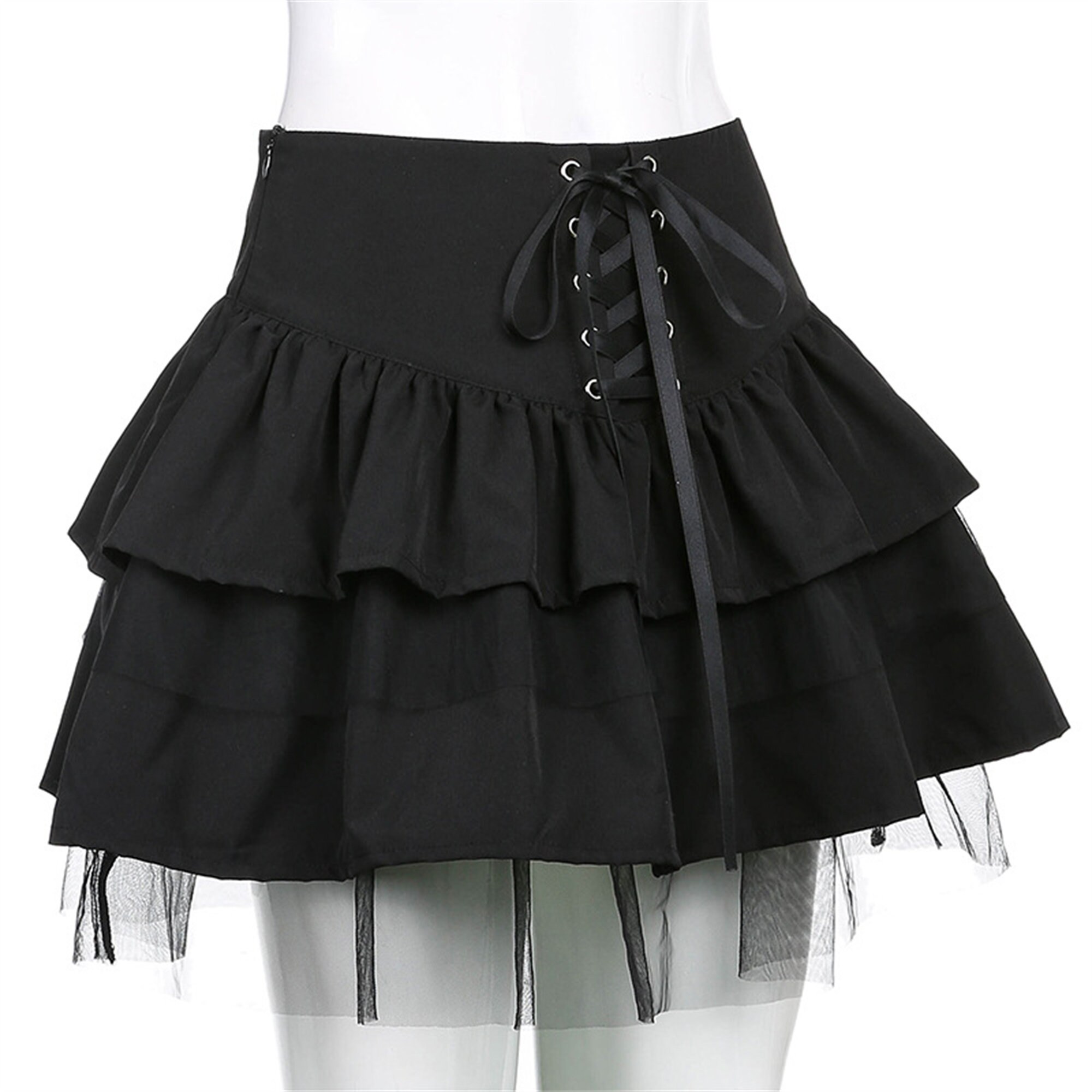 Y2k Dark Lace Pleated Skirt Gothic Patchwork Mesh Skirt Vintage Layered Black Skirt Casual College Style Punk High Waist Mini Skirt