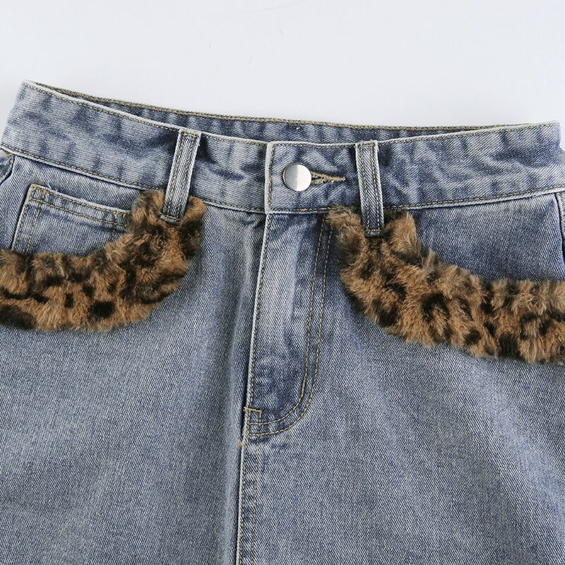 Y2k Denim Patchwork Leopard Furry Decorated High Waisted Sexy Mini Jean Skirt Autumnwear Ravewear Festivalwear Harajuku Style