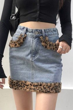Y2k Denim Patchwork Leopard Furry Decorated High Waisted Sexy Mini Jean Skirt Autumnwear Ravewear Festivalwear Harajuku Style
