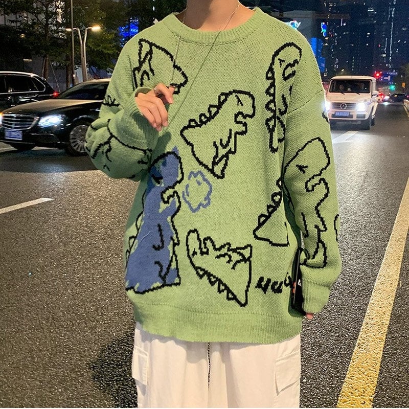 Y2k Dinosaur Print Knitted Sweater Y2k Pullover Clothes Fall Winter Vintage Long Sleeve Sweater Top Clothing Y2k Y2k Sweater