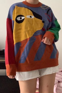 Y2k Dog Grandpa Colorful Crewneck Vintage Geometric Dog Sweater Aesthetic Harajuku Oversized Sweatshirt Retro Graffiti Knitted Sweater