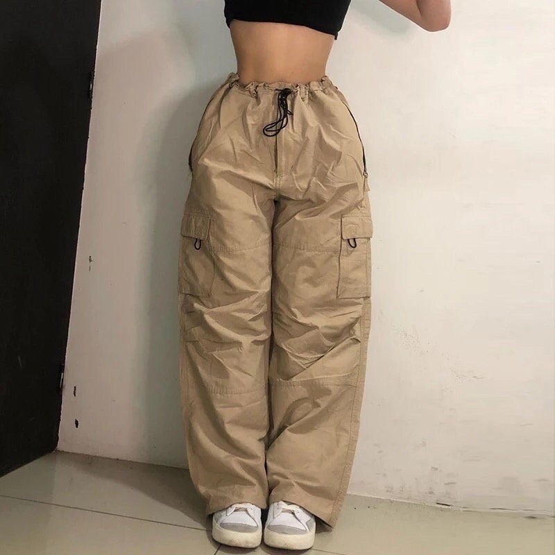 Y2k Drawstring High Waist Streetwear Pockets Cargo Pants Womens Loose Size Casual Loose Wide Leg Joggers 90s Sweatpants Harajuku Capris