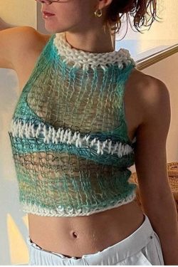 Y2k Fairycore Knitted Hollow Crochet Short Top Gradient Tank Top See Through Crop Top Harajuku Aesthetic 2000s