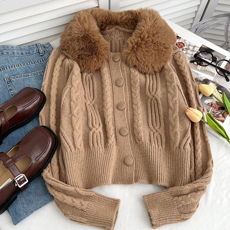 Y2k Faux Fur Collar Knit Cardigan Vintage 90s Retro Fairycore Sweater Streetwear Aesthetic Korean