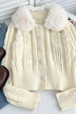 Y2k Faux Fur Collar Knit Cardigan Vintage 90s Retro Fairycore Sweater Streetwear Aesthetic Korean