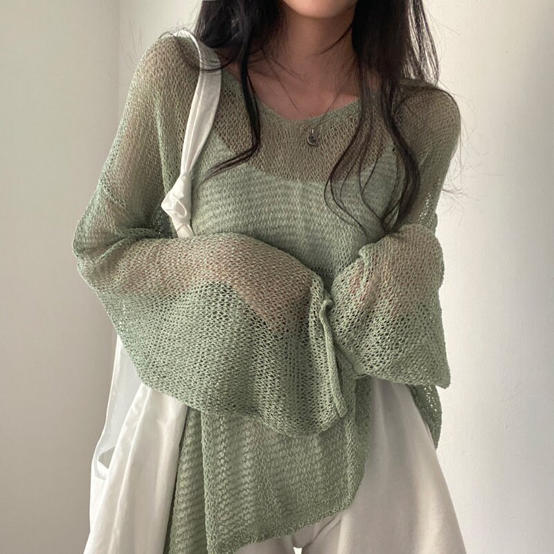 Y2k Fishnet Long Sleeve Crochet Knit Top Hollow Out Jumper Casual Streetwear See Through Sweaters Pullovers