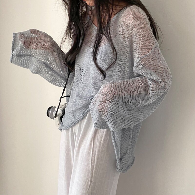 Y2k Fishnet Long Sleeve Crochet Knit Top Hollow Out Jumper Casual Streetwear See Through Sweaters Pullovers