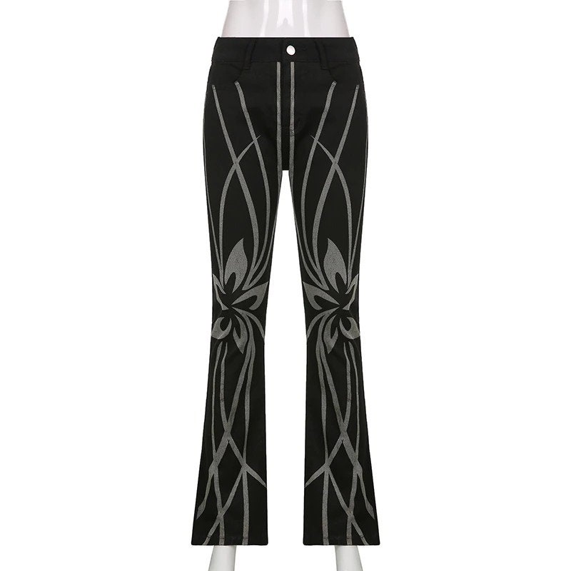 Y2k Floral Print & Mid Waisted Designed Sexy Black Trousers Skinny Pants Streetwear Korean Lolita Vintage Gothic Grunge