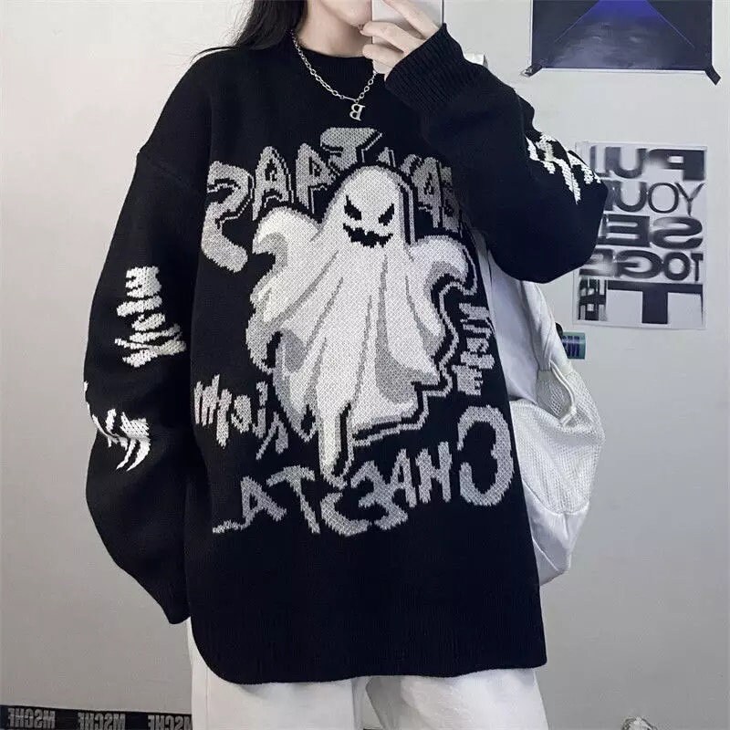 Y2k Ghost Grunge Gothic Harajuku Crewneck Vintage Halloween Knitted Sweater Dark Retro Devil Alternative Aesthetic Oversized Sweatshirt