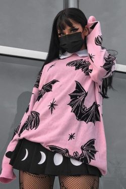 Y2k Gothic Bat Print Black Sweater Women Streetwear Long Sleeve O Neck Autumn Harajuku Sweater Fashion Casual Loose Top
