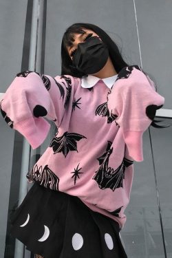 Y2k Gothic Bat Print Black Sweater Women Streetwear Long Sleeve O Neck Autumn Harajuku Sweater Fashion Casual Loose Top