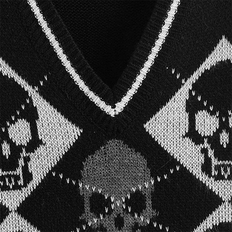 Y2k Gothic Knit Sweater Vest Skull Argyle Print Pattern Knitwear V Neck Pullover Knit Jumper Streetwear 00s Clothing