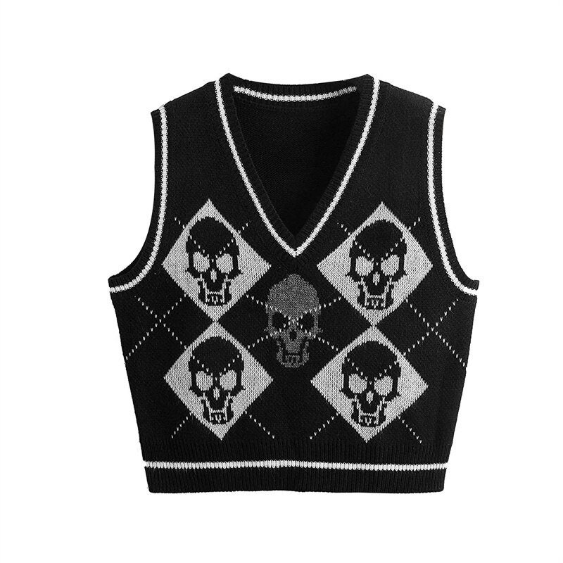Y2k Gothic Knit Sweater Vest Skull Argyle Print Pattern Knitwear V Neck Pullover Knit Jumper Streetwear 00s Clothing