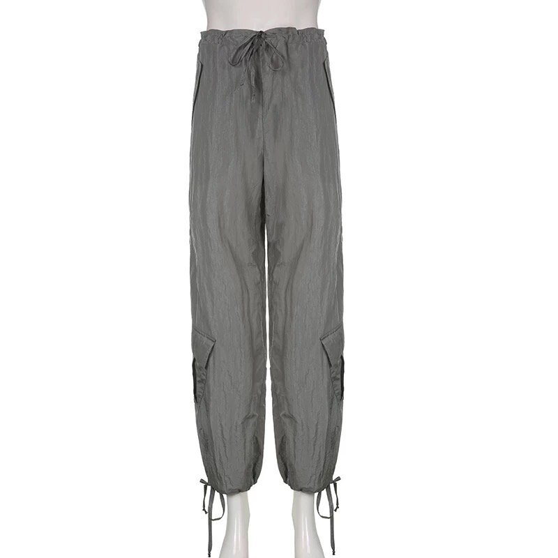 Y2k Gray Baggy Drawstring Pants Oversized Joggers Women Techwear Pants Cargo Pockets Women Wide Leg Harem Pants Trousers Parachute Pants