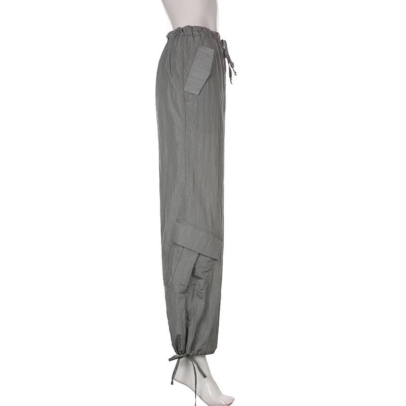 Y2k Gray Baggy Drawstring Pants Oversized Joggers Women Techwear Pants Cargo Pockets Women Wide Leg Harem Pants Trousers Parachute Pants