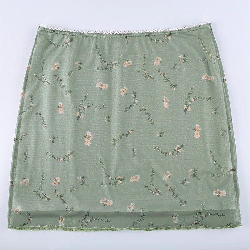 Y2k Green Floral Print & Double Layer Designed High Waisted Sexy Mini Aesthetic Mesh Skirt Streetwear Retro Vintage Alt Indie