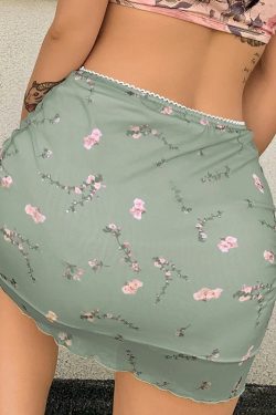 Y2k Green Floral Print & Double Layer Designed High Waisted Sexy Mini Aesthetic Mesh Skirt Streetwear Retro Vintage Alt Indie