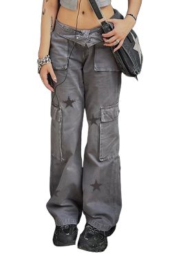 Y2k Grunge Pants Vintage Low Waist Cargo Pants Straight Denim Pants Pockets Star Print Street Wear Retro Trousers