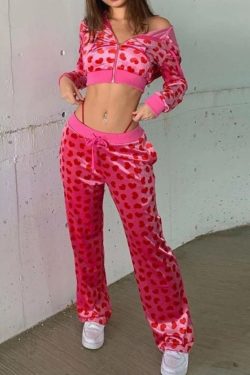 Y2k Heart Print Cropped Hoodie Trousers Set Pink Velvet Hoodie Pants 2000s Aesthetic Streetwear Harajuku 90s