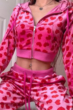 Y2k Heart Print Cropped Hoodie Trousers Set Pink Velvet Hoodie Pants 2000s Aesthetic Streetwear Harajuku 90s