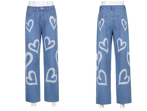 Y2k Heart Print Jeans Hose Trousers Pants Women Streetwear Fashion Hipster Newschool Men Herren Street Hosen Hip Hop Baggy Jeans Pants