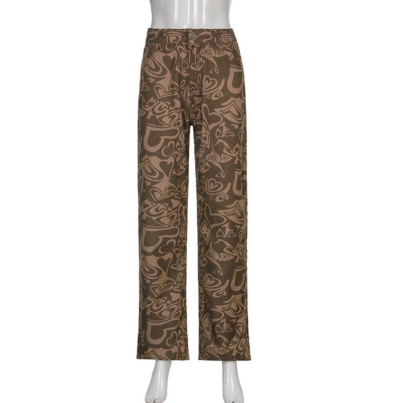 Y2k Heart Printed High Waisted Skinny Straight Long Denim Pants Streetwear Autumnwear Winterwear Vintage Retro Indie Clothing