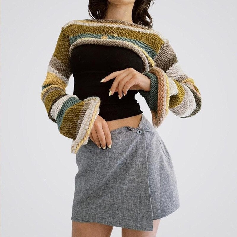 Y2k Hollow Out Crop Sweater Stripe Crochet Knitted Shrug Fishnet Jumper Top Early Aesthetic Harajuku Street Style