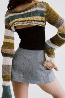 Y2k Hollow Out Crop Sweater Stripe Crochet Knitted Shrug Fishnet Jumper Top Early Aesthetic Harajuku Street Style