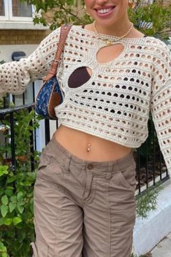 Y2k Hollow Out Cropped Knit Smock Top Women Vintage Loose Distressed Crochet Pullovers Crop Tops Fairy Grunge Sweater Cover Up