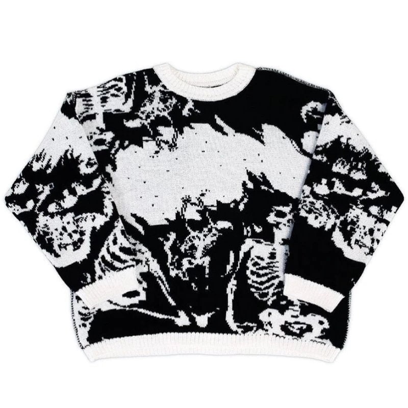 Y2k Jumper Pullover Streetwear Sweatshirt Fashion Vintage Style Unisex Sweater Hoodie Vintage Style Knitted Unisex Roundneck Skull Skellett