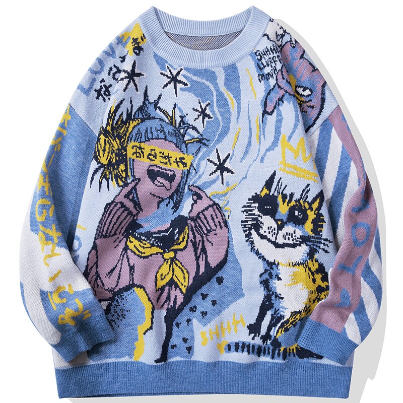 Y2k Jumper Pullover Streetwear Sweatshirt Fashion Vintage Style Unisex Sweater Japan Vintage Graphic Knitted Unisex Roundneck Cat Hiphop