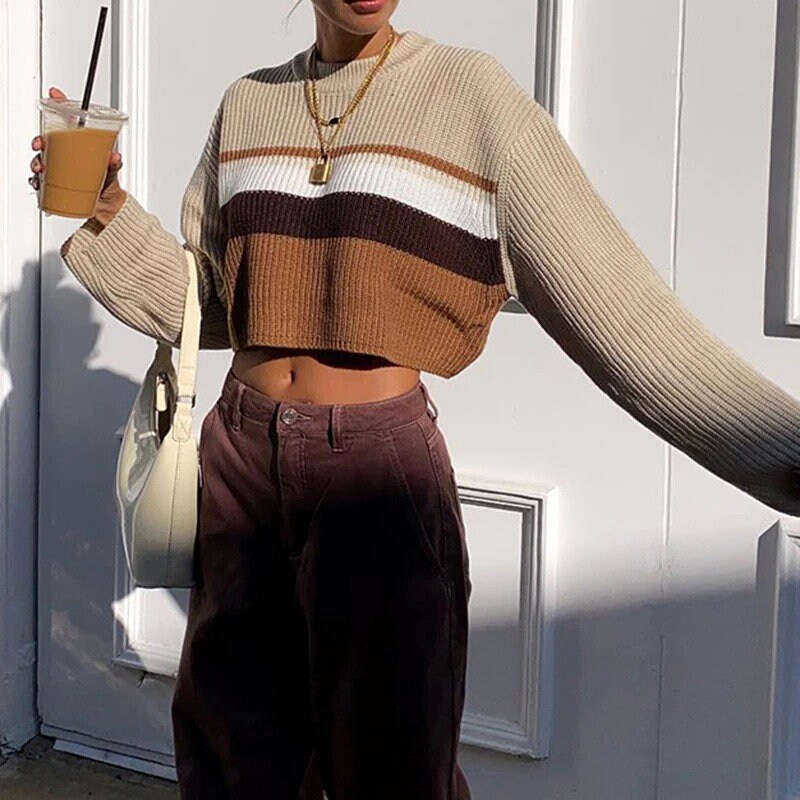 Y2k Knitted Striped Loose Cropped Sweater Vintage Streetwear Clothing Korean Preppy Casual Fit Sweater Crop Top
