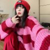Y2k Korean Style Striped Oversize Pink Sweater Women Punk Streetwear Harajuku Hip Hop Jumper Female Red Top Winter