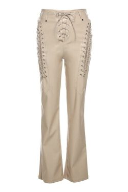 Y2k Leather Trouser Suits Sexy Hollow Out Bandage Pants Women Hipster Solid Sweatpants High Waist Straight Clothing