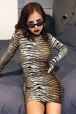 Y2k Leopard Print Tiger Print High Turtleneck Long Sleeve Bodycon Party Short Mini Dresses