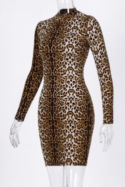 Y2k Leopard Print Tiger Print High Turtleneck Long Sleeve Bodycon Party Short Mini Dresses