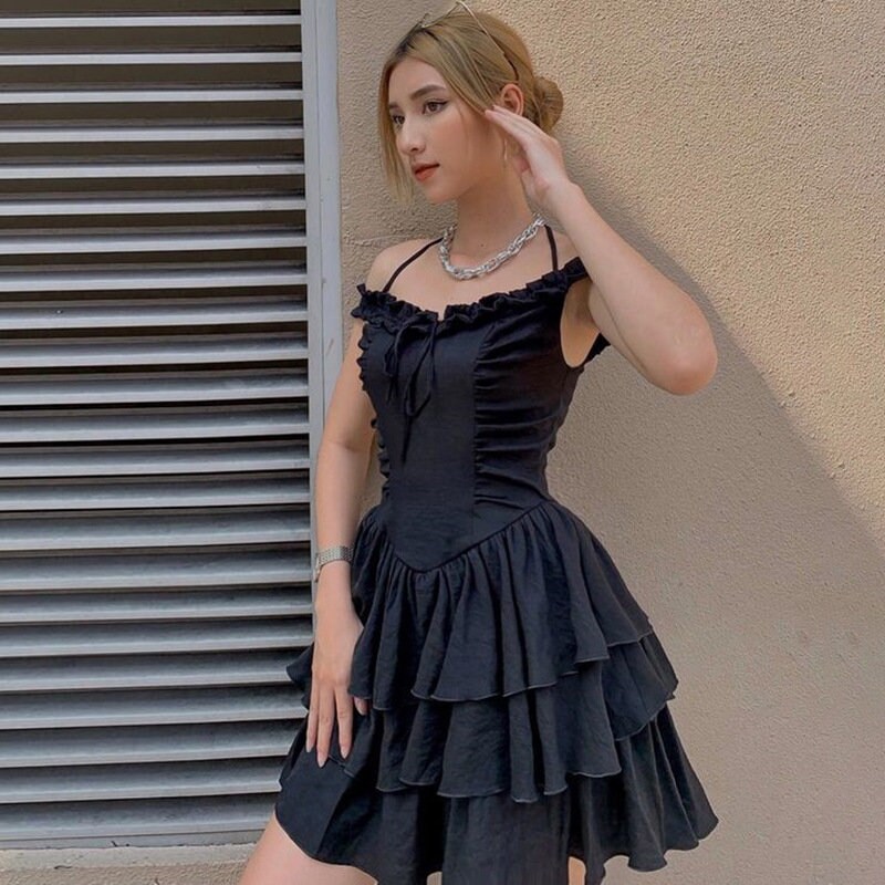 Y2k New Style Retro Stitching Women's Sexy Halter Neckline Collar Folds Slim Sleeveless Princess Dress