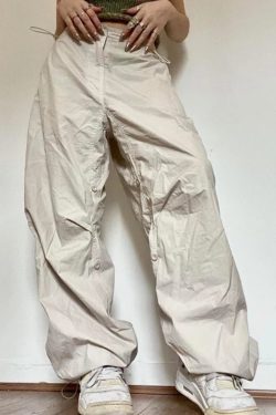 Y2k Parachute Pants White Cargo Pants Women Wide Leg Sweatpants Harem Pants Women Drawstring Pants Baggy Cargo Pants Low Waisted Pants