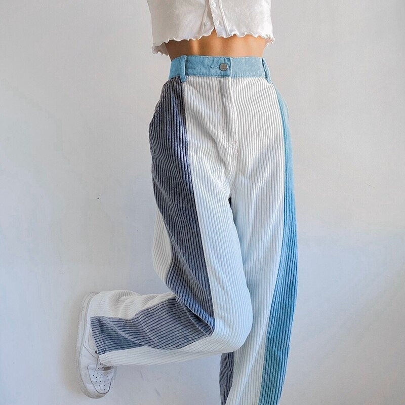 Y2k Patchwork & Striped Corduroy Designed Elastic Waist High Waisted Blue And White Pants Streetwear 90s Wear Vintage Korean