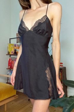 Y2k Patchwork Lace Mini Dress Streetwear Vintage Retro V Neck Lolita Gothic Backless Sleeveless A Line Dress