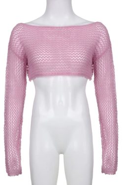 Y2k Pink O Neck Long Sleeve Knitted Grunge Cropped Top 2000s Fashion Trendy Clothes