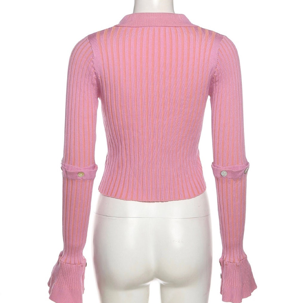 Y2k Pink Ribbed Button Up Cardigan