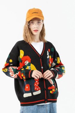 Y2k Pullover Vintage Cartoon Sweater Clown Harajuku Cardigan Aesthetic Oversized Soft Basic Colorful Unisex Sweater