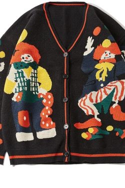 Y2k Pullover Vintage Cartoon Sweater Clown Harajuku Cardigan Aesthetic Oversized Soft Basic Colorful Unisex Sweater