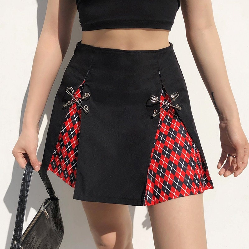 Y2k Red Plaid & Patchwork Designed High Waisted Sexy Mini A Line Skirt Streetwear Retro Vintage Punk Harajuku Korean