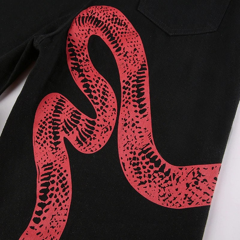 Y2k Red Serpent Print High Waisted Sexy Black Denim Pants Ravewear Autumnwear Harajuku Winterwear Streetwear Punkwear
