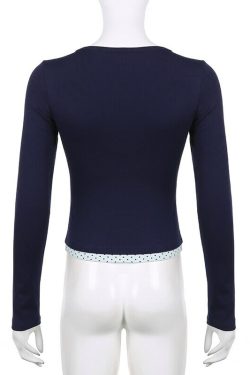 Y2k Retro Blue V Neck Long Sleeve Grunge Crop Top Trendy Clothes