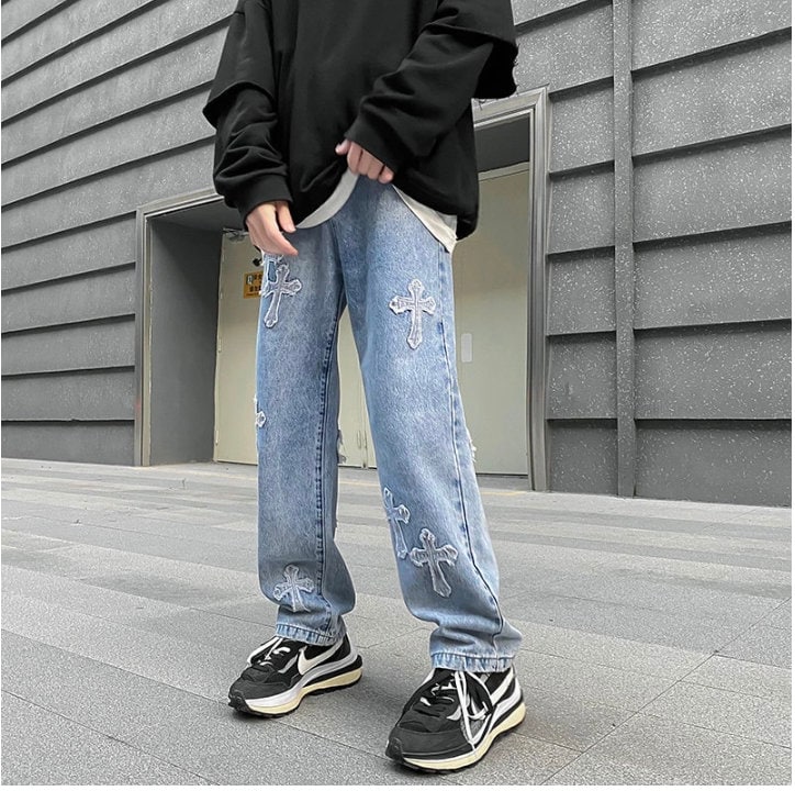 Y2k Retro Casual Chrome Hearts Straight Pants Loose Man Design Jeans Punk Gothic Vintage Y2k London Pants Trousers Streetwear