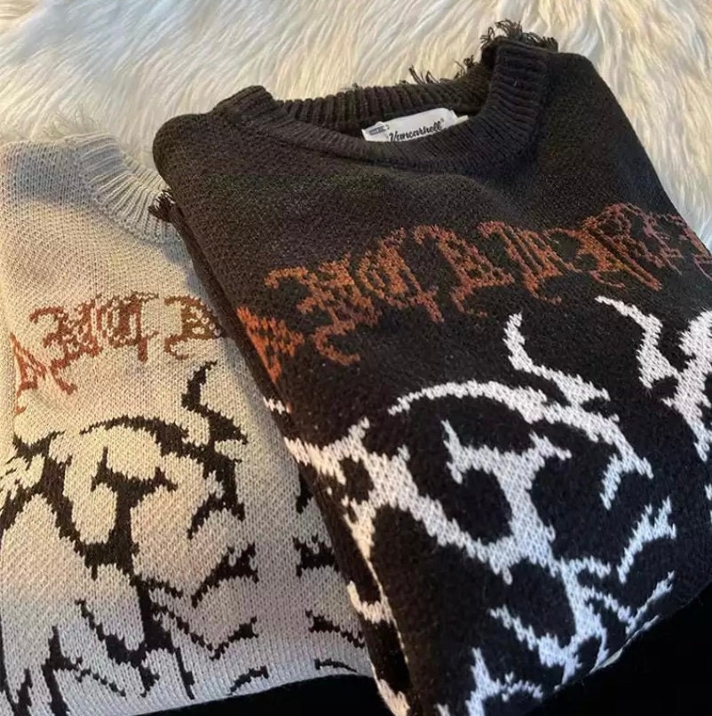 Y2k Retro Fairy Grunge Gothic Harajuku Crewneck Vintage Skeleton Knitted Sweater Dark Angel Alternative Aesthetic Oversized Sweatshirt
