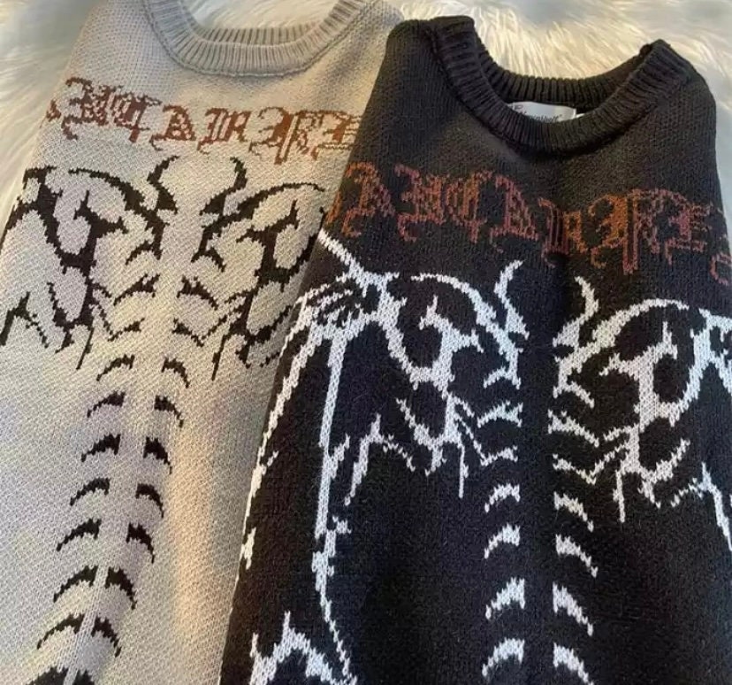 Y2k Retro Fairy Grunge Gothic Harajuku Crewneck Vintage Skeleton Knitted Sweater Dark Angel Alternative Aesthetic Oversized Sweatshirt